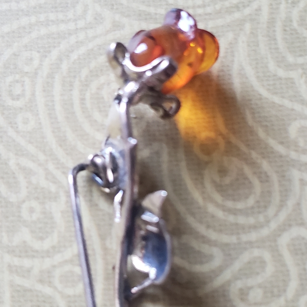 Pretty Sterling Silver Cognac Amber Rose Brooch 925 - Picture 4 of 7